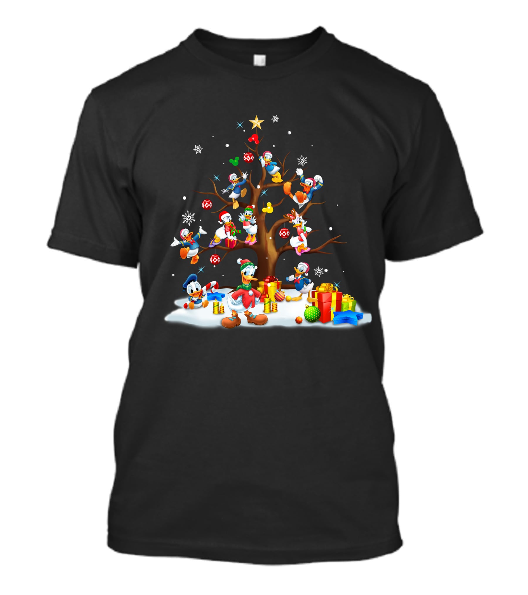 Donald Daisy Christmas Tree With Disney Characters And Snowflakes T-Shirt