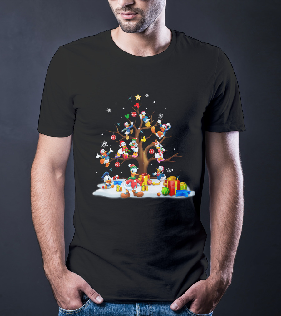 Donald Daisy Christmas Tree With Disney Characters And Snowflakes T-Shirt