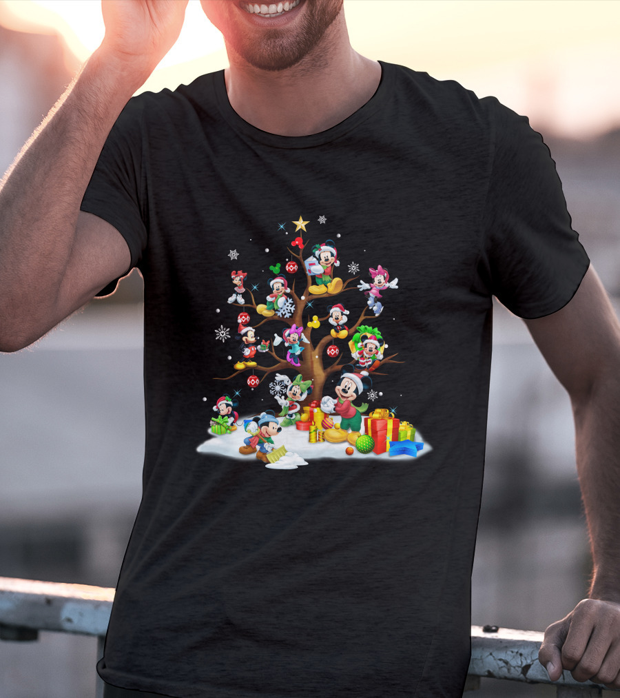 Mickey Minnie Christmas Holiday Tree With Gifts And Snowflakes T-Shirt