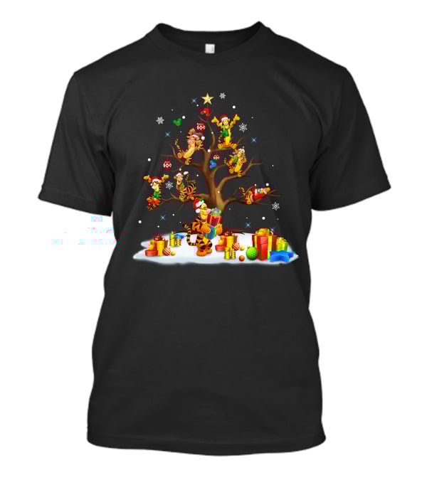 Tigger Christmas Tree With Presents And Santa Hats T-Shirt