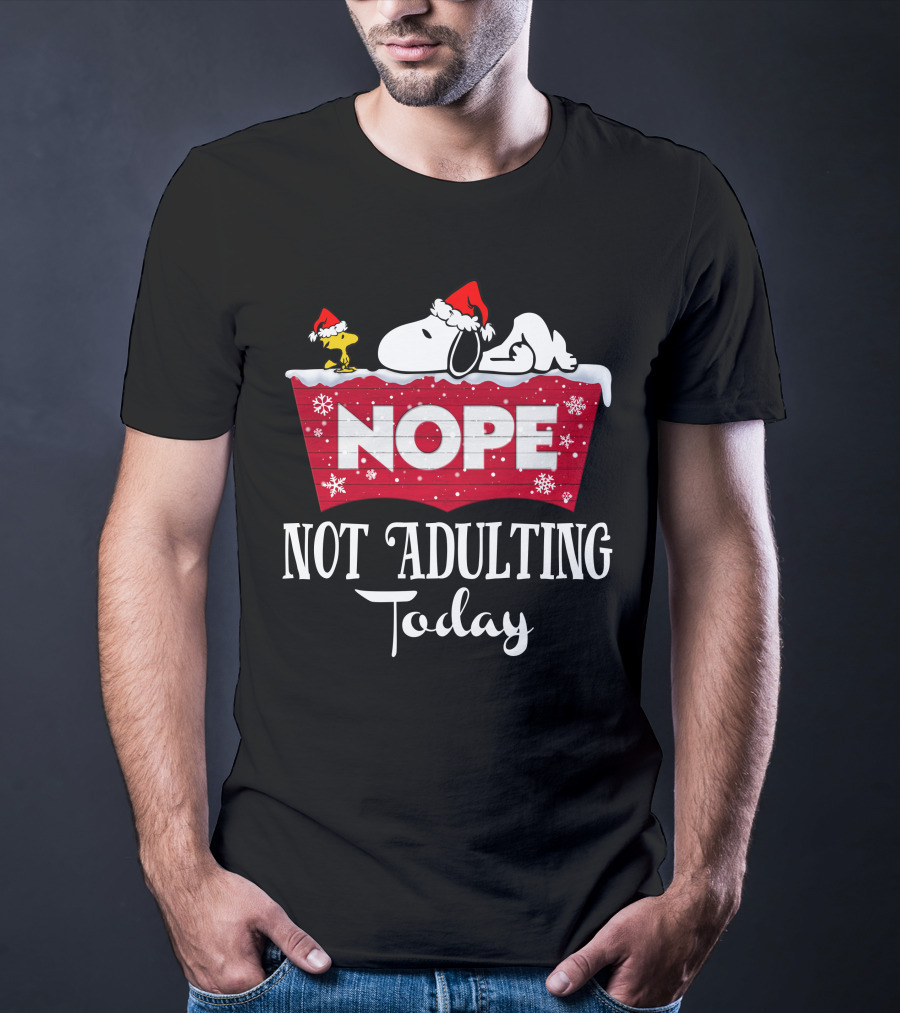 Snoopy Nope Not Adulting Today Christmas Santa Hat Snowflakes T-Shirt