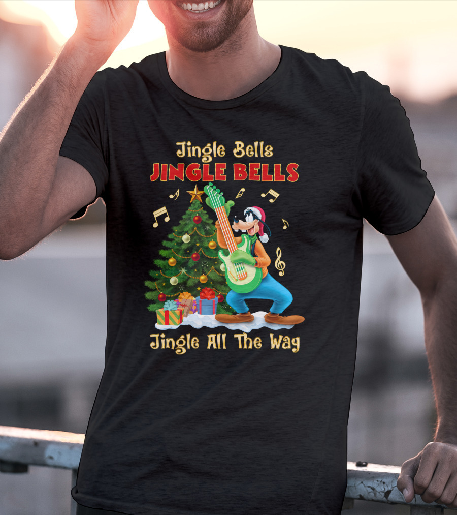 Jingle Bells Jingle Bells Jingle All The Way Goofy Christmas Tree Guitar T-Shirt