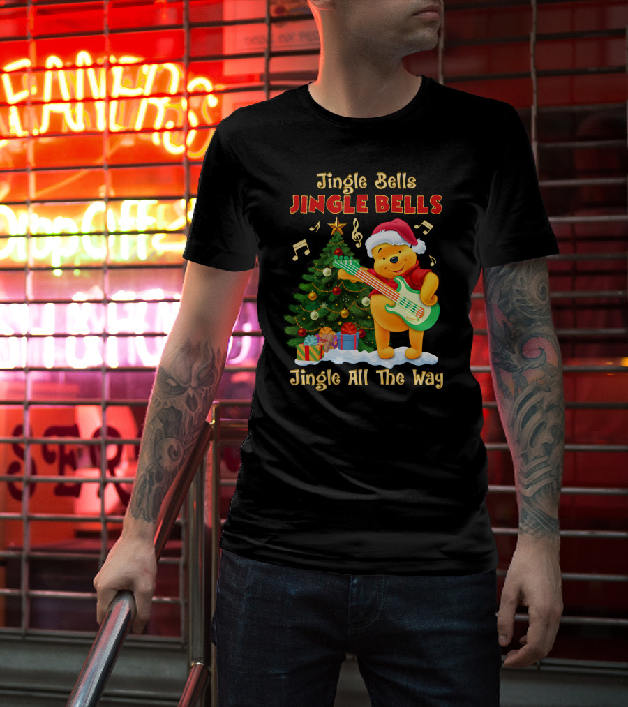 Jingle Bells Jingle Bells Jingle All The Way Christmas Tree Music Notes Pooh Santa Hat Guitar T-Shirt