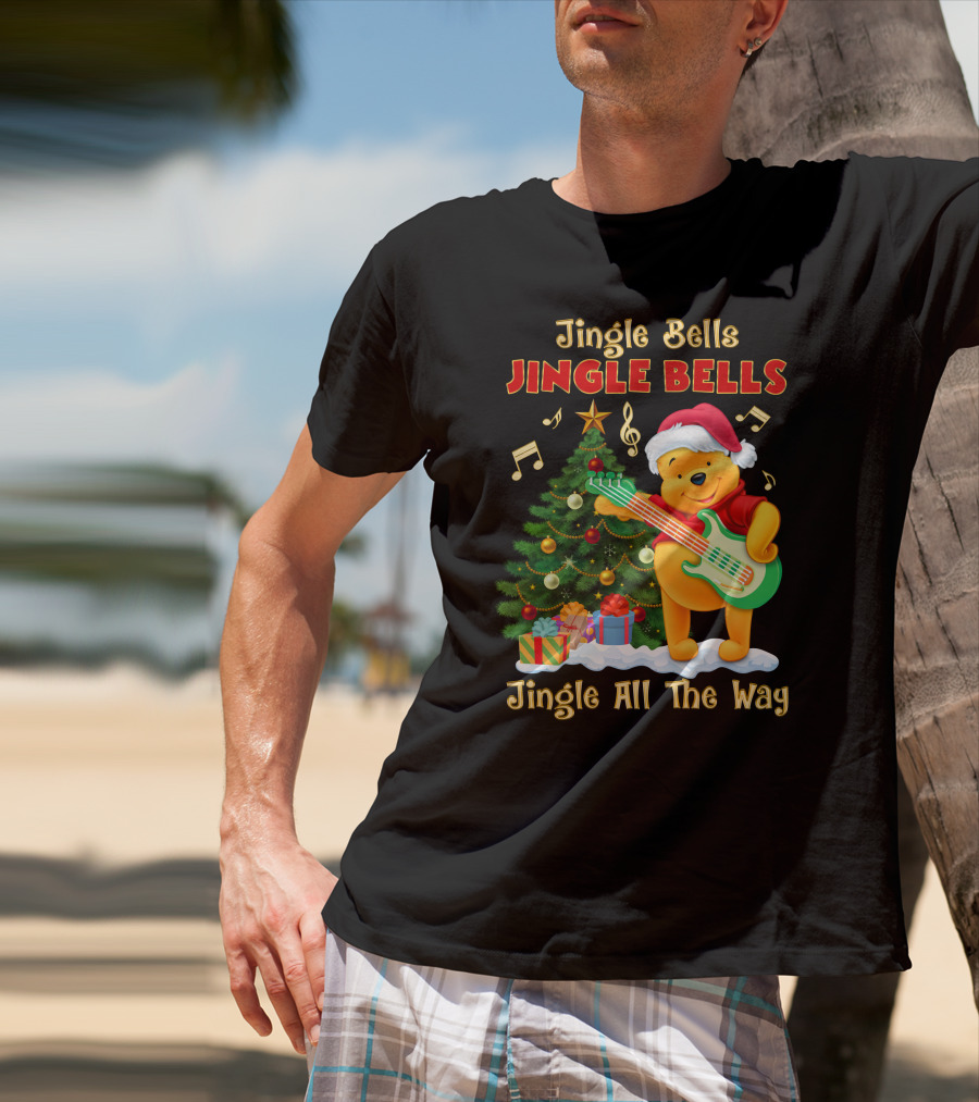 Jingle Bells Jingle Bells Jingle All The Way Christmas Tree Music Notes Pooh Santa Hat Guitar T-Shirt