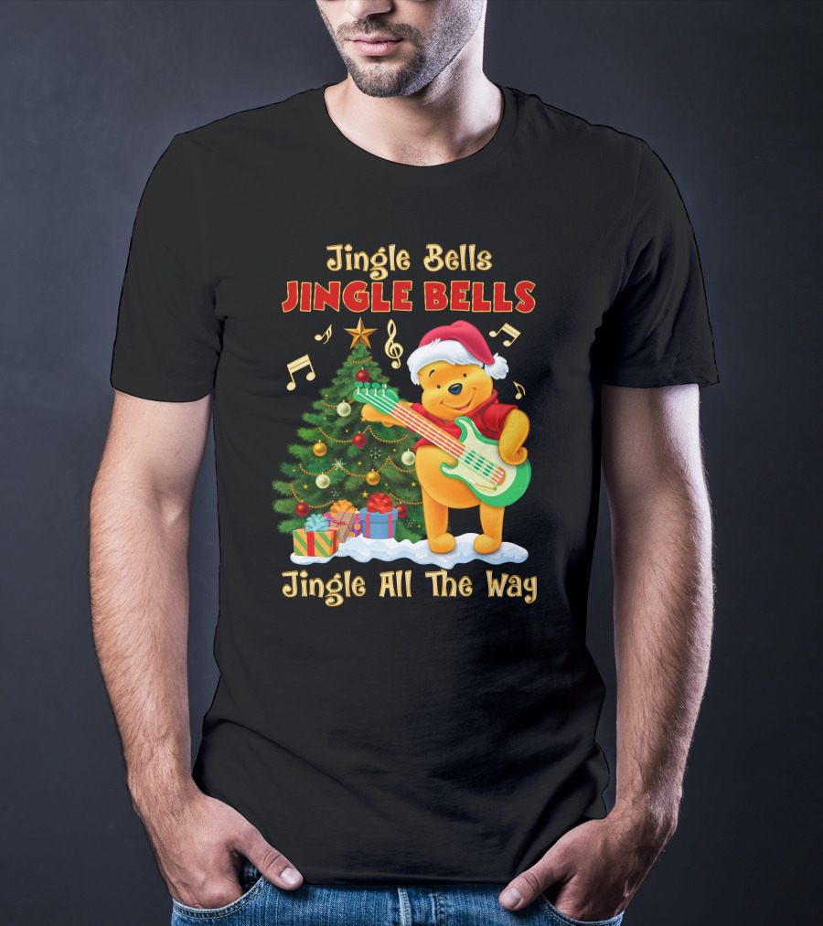 Jingle Bells Jingle Bells Jingle All The Way Christmas Tree Music Notes Pooh Santa Hat Guitar T-Shirt