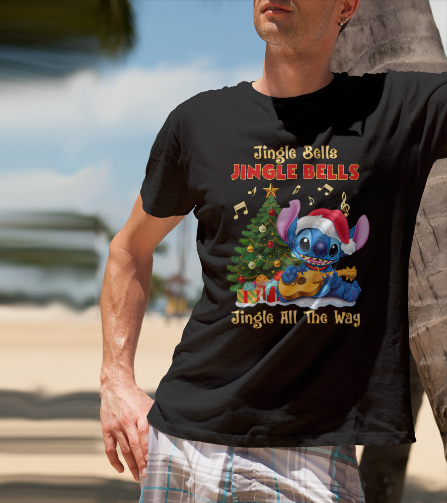 Jingle Bells Jingle Bells Jingle All The Way Stitch Christmas Tree Ukulele T-Shirt