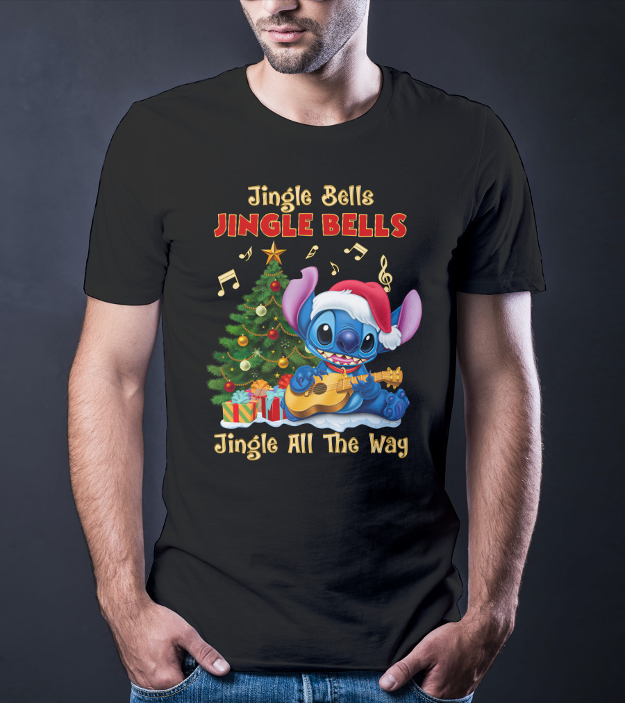 Jingle Bells Jingle Bells Jingle All The Way Stitch Christmas Tree Ukulele T-Shirt