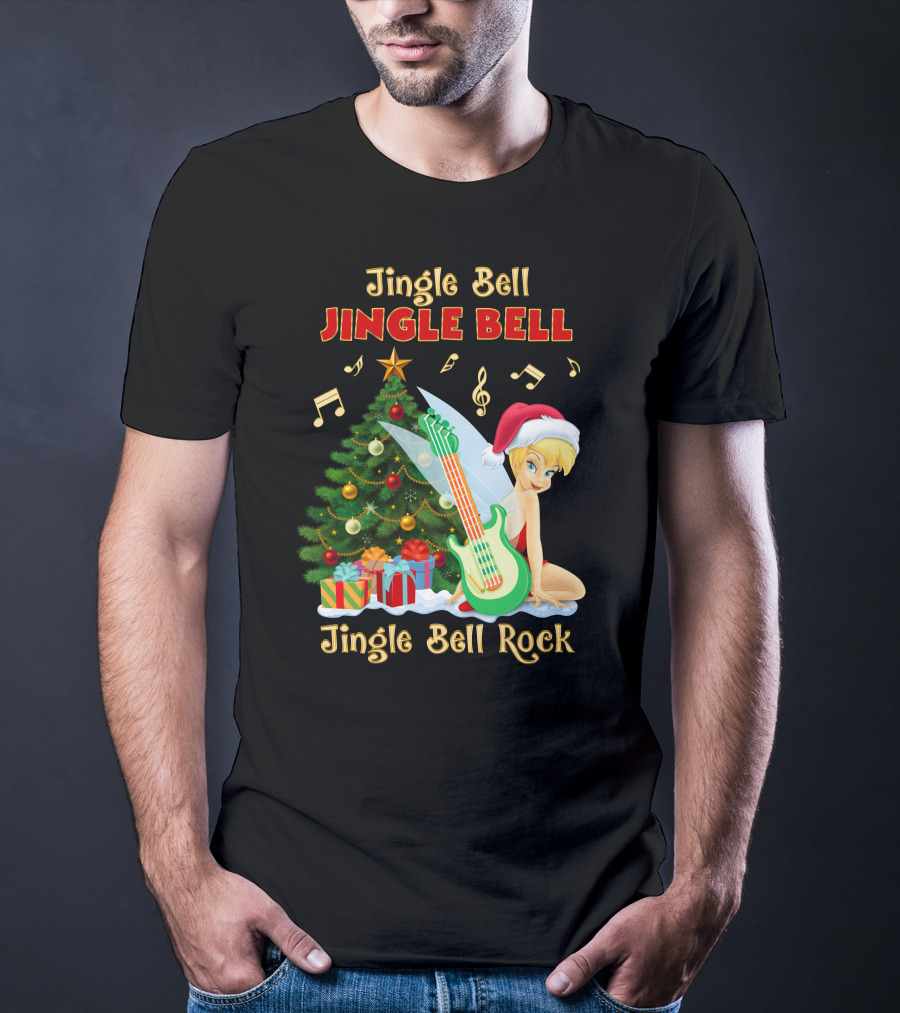 Jingle Bell Jingle Bell Jingle Bell Rock Christmas Tinkerbell Santa Hat Guitar Tree Music T-Shirt