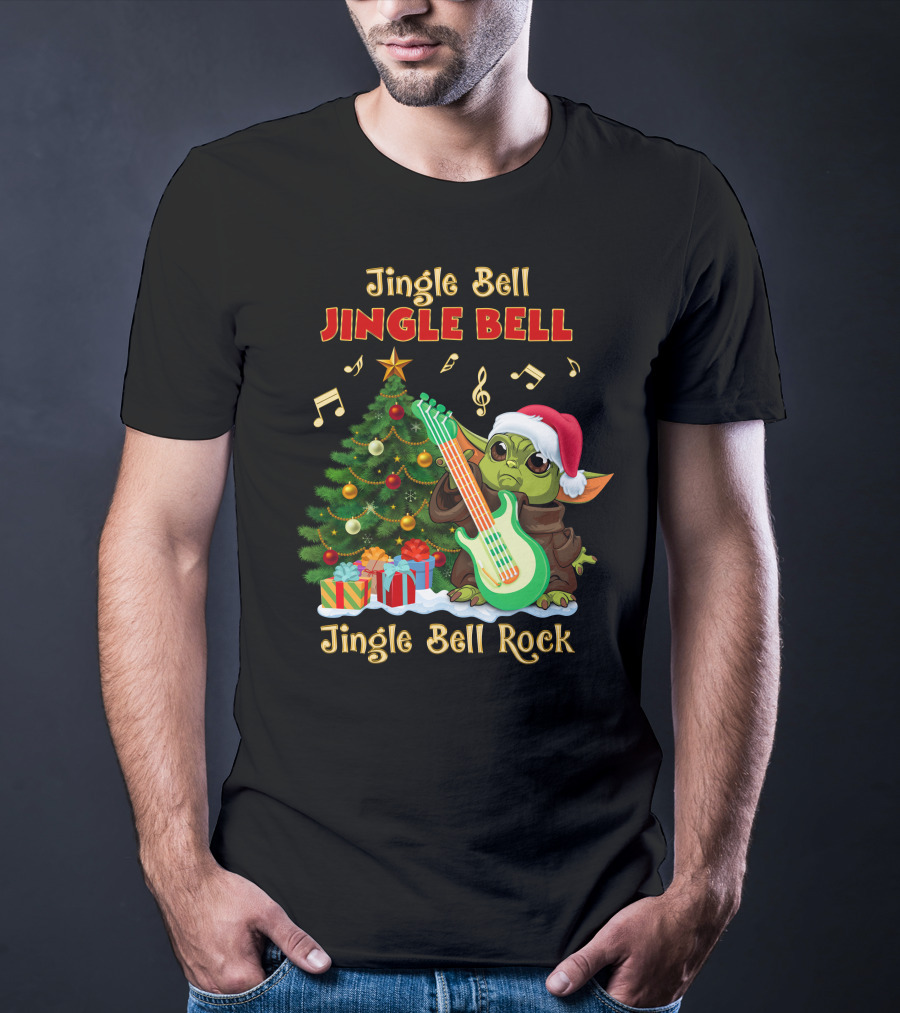 Jingle Bell Jingle Bell Rock Christmas Tree Yoda Santa Hat Guitar Music Notes T-Shirt