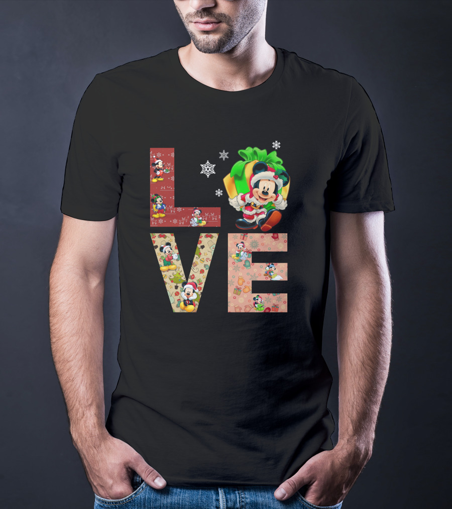 Love Mickey Mouse Christmas Santa Hat Snowflake T-Shirt