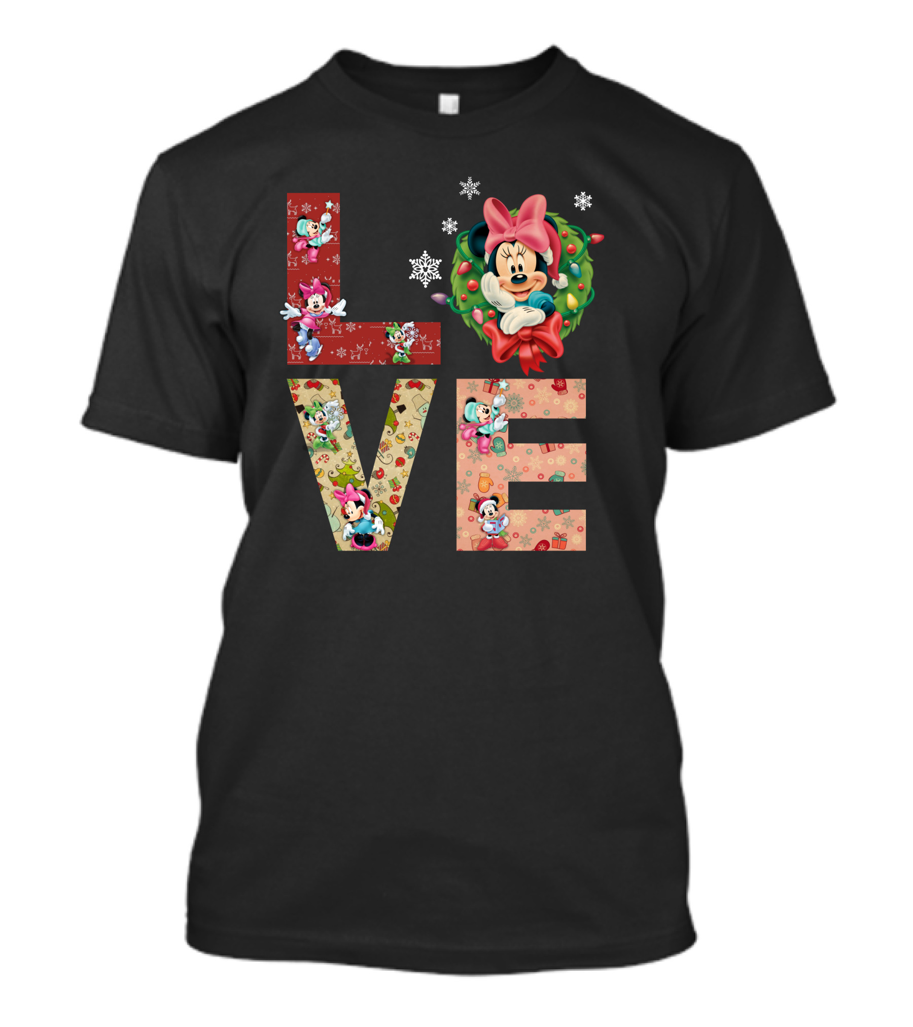 Minnie Mouse Christmas Love Snowflakes Holiday Wreath T-Shirt
