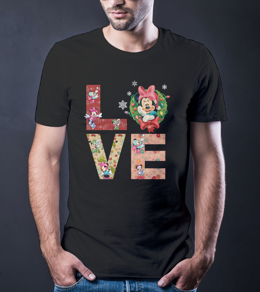 Love Minnie Mouse Christmas Wreath Holiday Snowflakes T-Shirt
