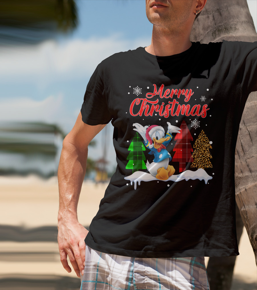Merry Christmas Donald Duck With Festive Plaid And Leopard Trees T-Shirt