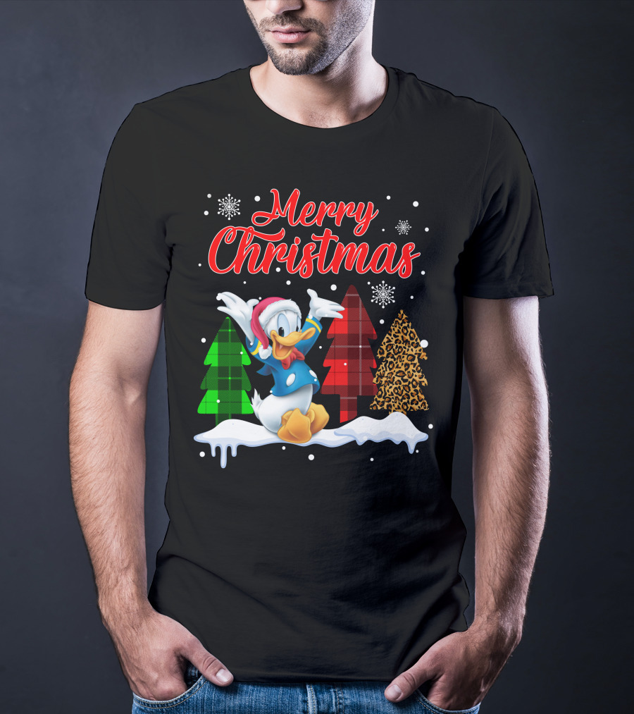 Merry Christmas Donald Duck With Festive Plaid And Leopard Trees T-Shirt