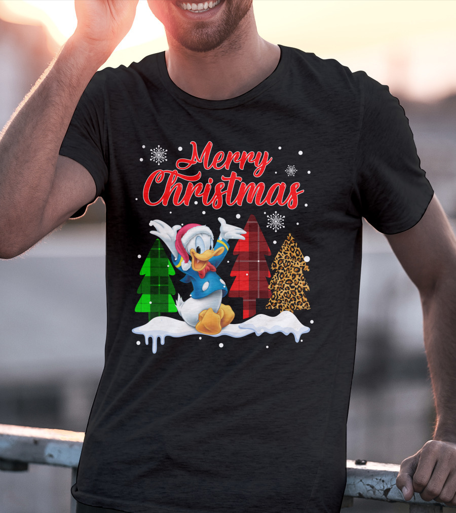 Merry Christmas Donald Duck With Festive Plaid And Leopard Trees T-Shirt