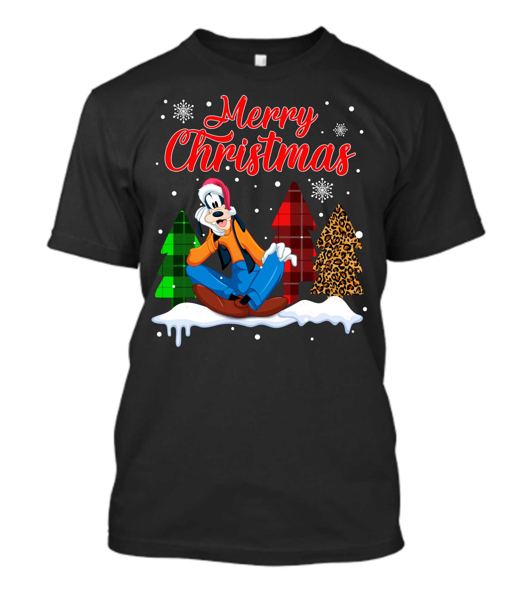 Merry Christmas Goofy With Plaid And Leopard Trees Snowflakes T-Shirt