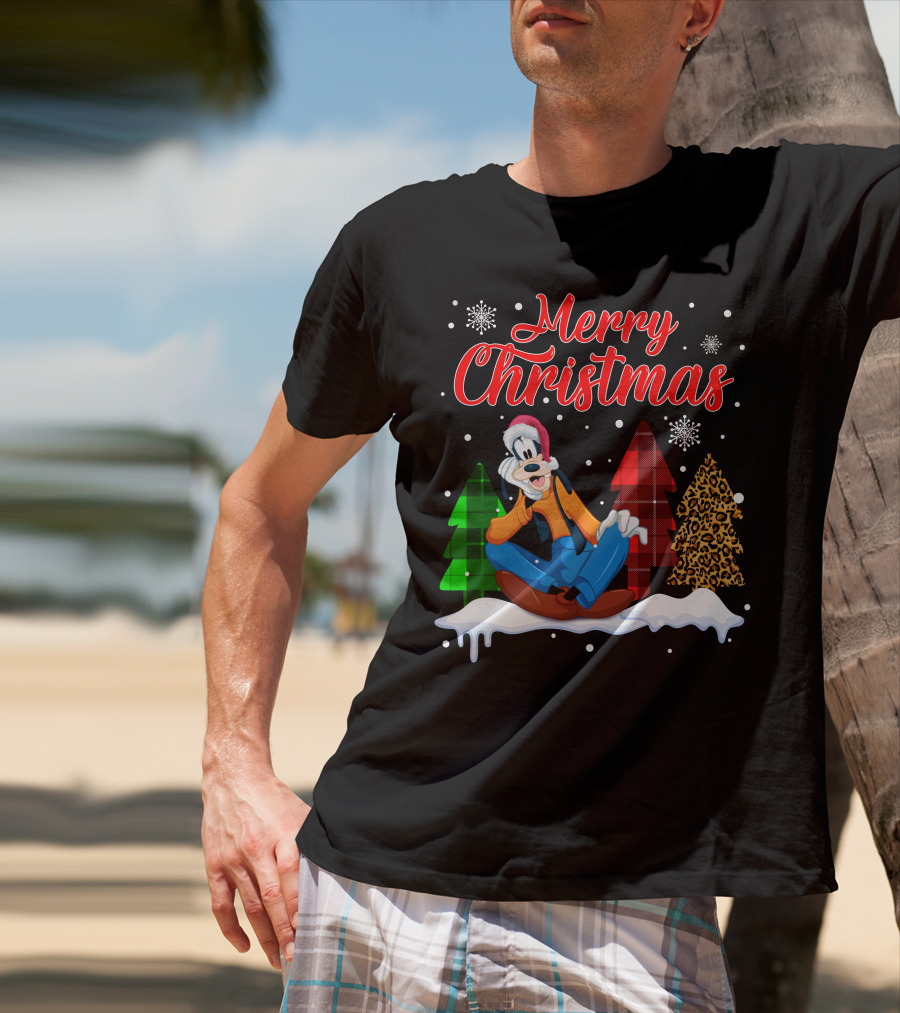 Merry Christmas Goofy With Plaid And Leopard Trees Snowflakes T-Shirt