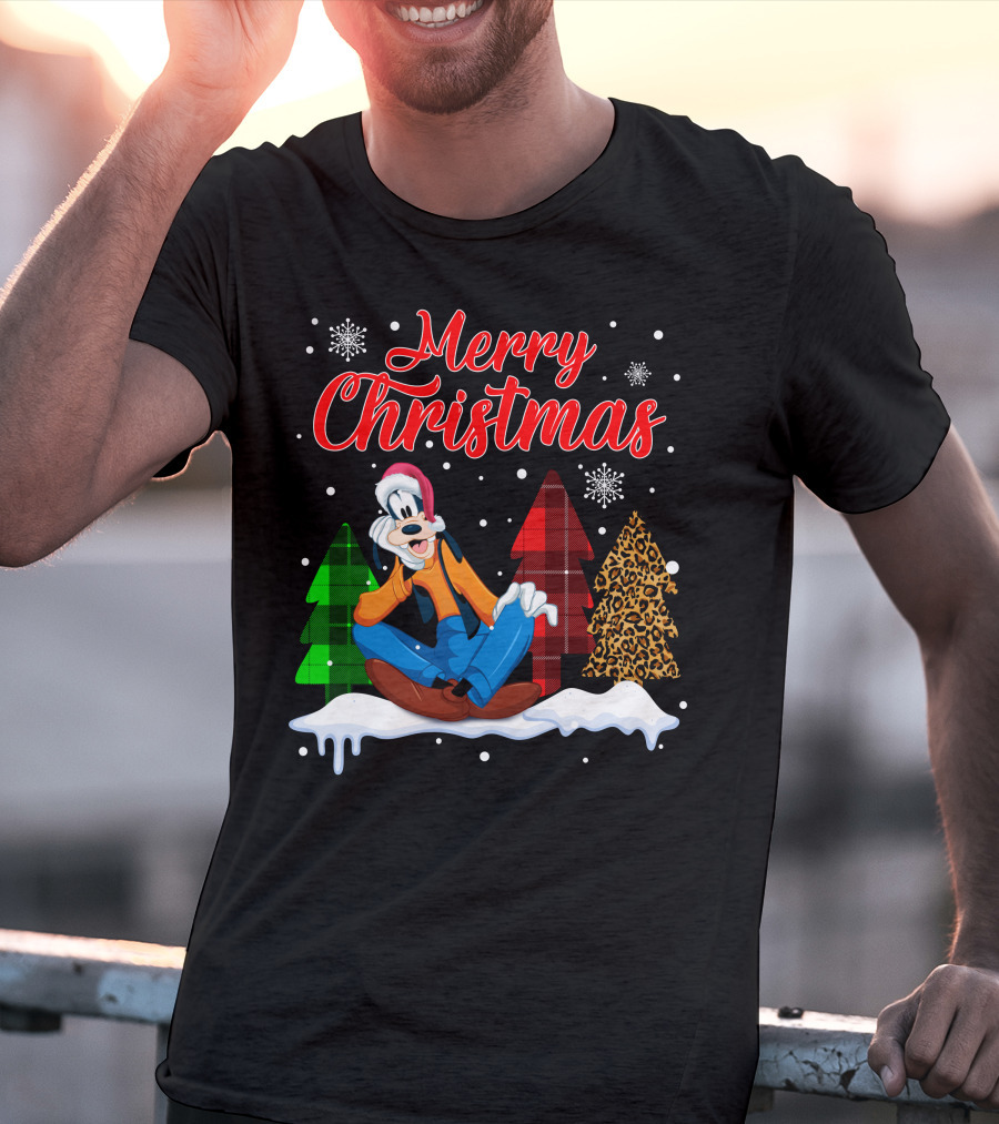 Merry Christmas Goofy With Plaid And Leopard Trees Snowflakes T-Shirt