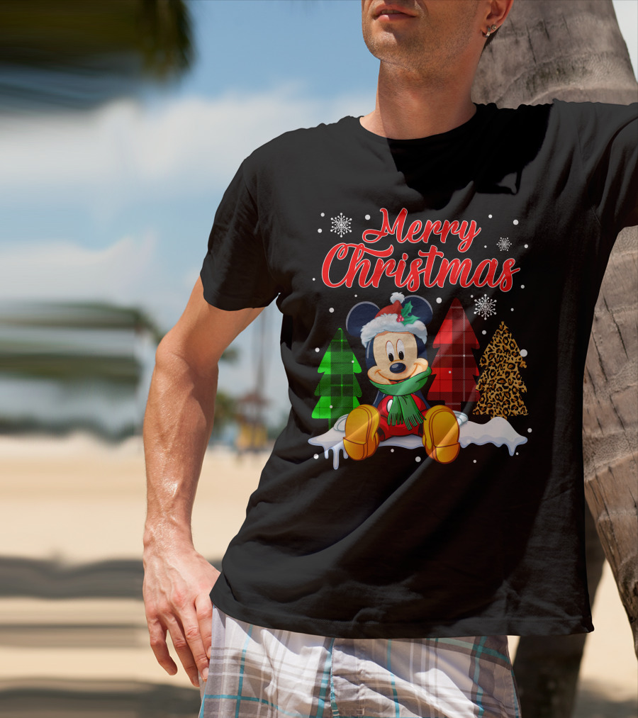 Merry Christmas Mickey Mouse With Plaid And Leopard Trees And Snowflakes T-Shirt