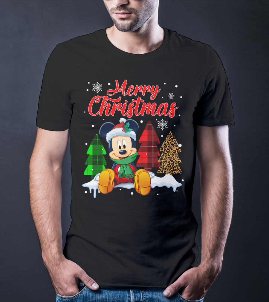 Merry Christmas Mickey Mouse With Plaid And Leopard Trees And Snowflakes T-Shirt