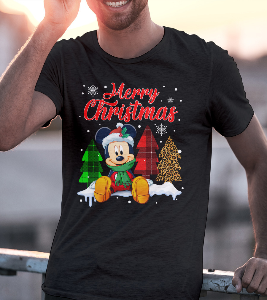 Merry Christmas Mickey Mouse With Plaid And Leopard Trees And Snowflakes T-Shirt