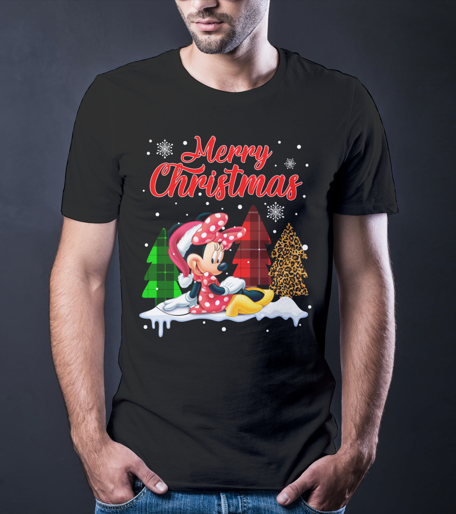 Minnie Merry Christmas Snowflakes Plaid Trees T-Shirt