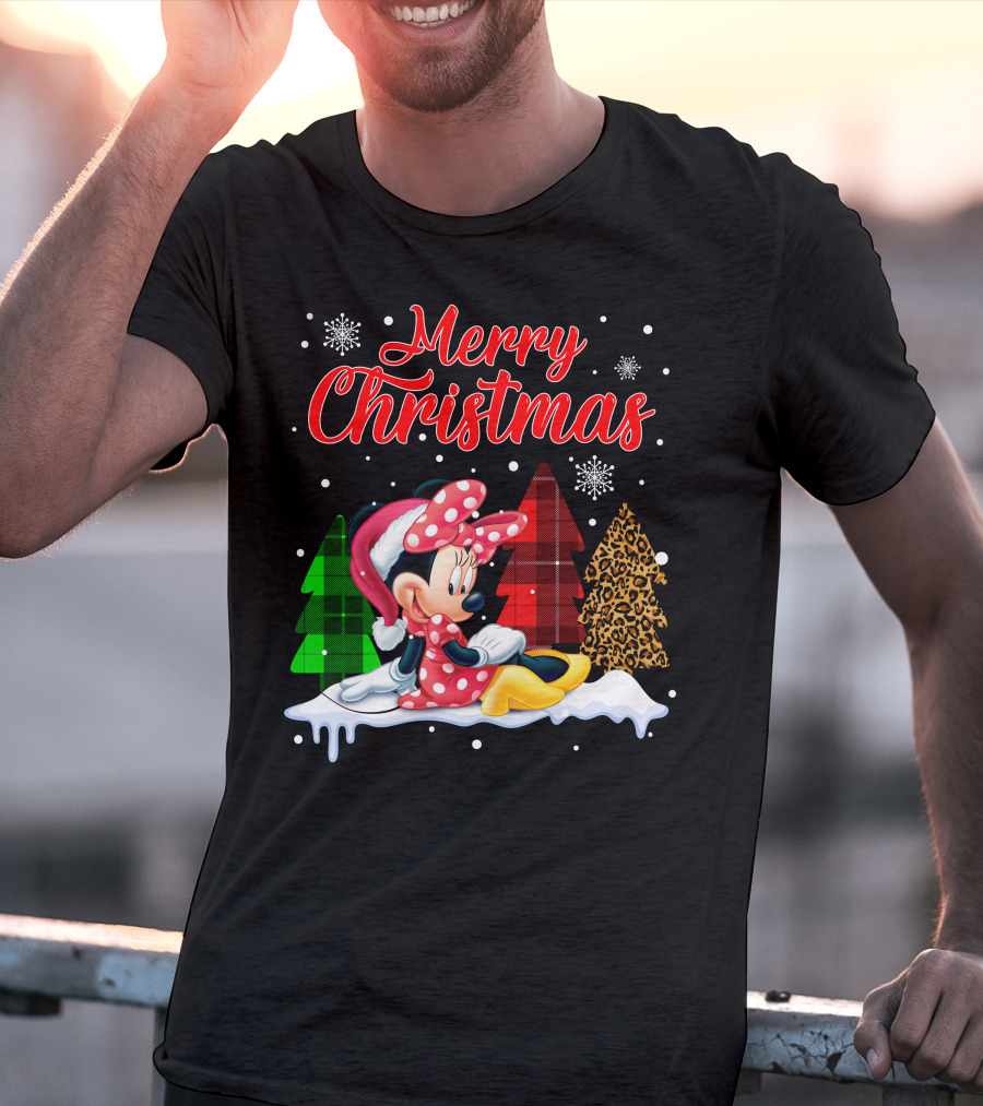 Minnie Merry Christmas Snowflakes Plaid Trees T-Shirt