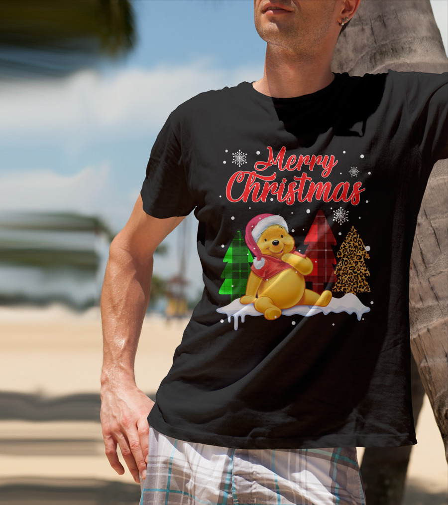 Merry Christmas Pooh Snowflakes Plaid Trees Santa Hat T-Shirt