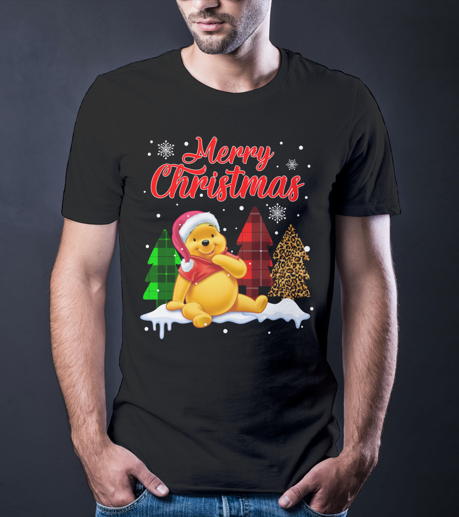 Merry Christmas Pooh Snowflakes Plaid Trees Santa Hat T-Shirt