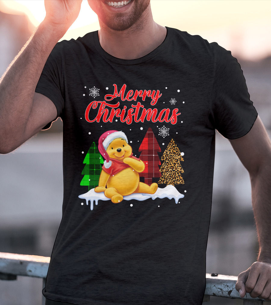 Merry Christmas Pooh Snowflakes Plaid Trees Santa Hat T-Shirt