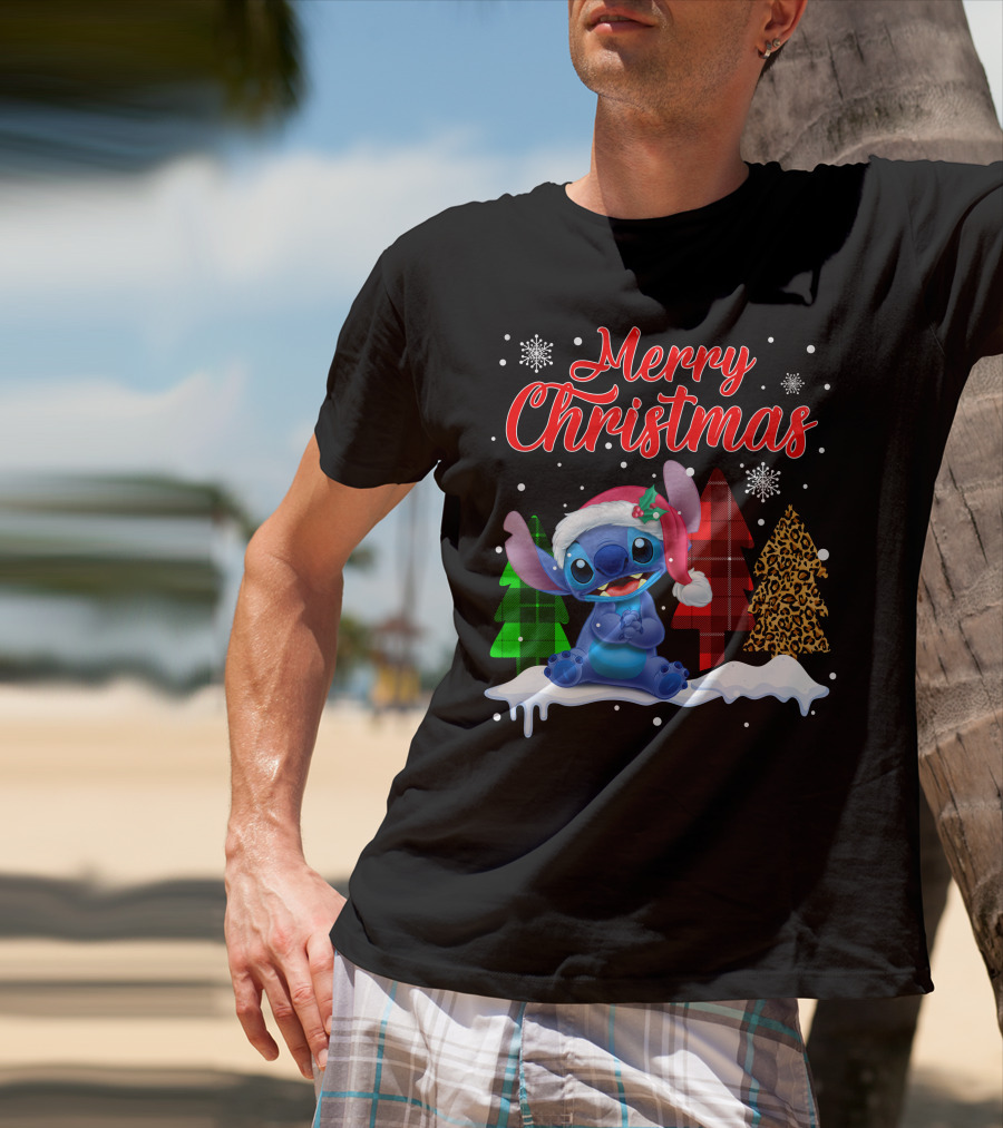 Merry Christmas Stitch Santa Hat Snow Plaid Trees T-Shirt
