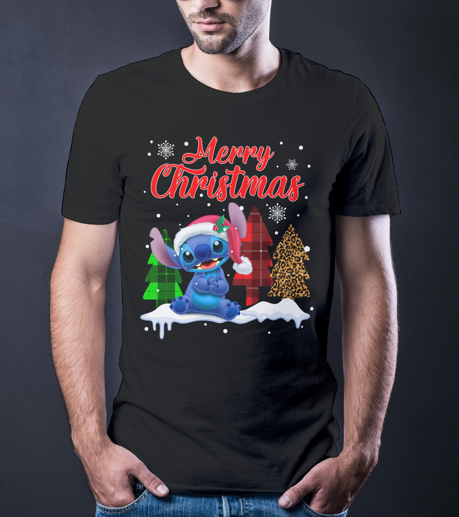Merry Christmas Stitch Santa Hat Snow Plaid Trees T-Shirt