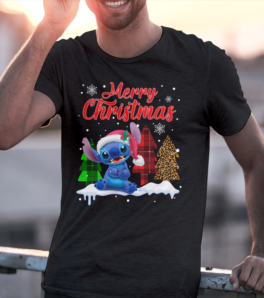 Merry Christmas Stitch Santa Hat Snow Plaid Trees T-Shirt