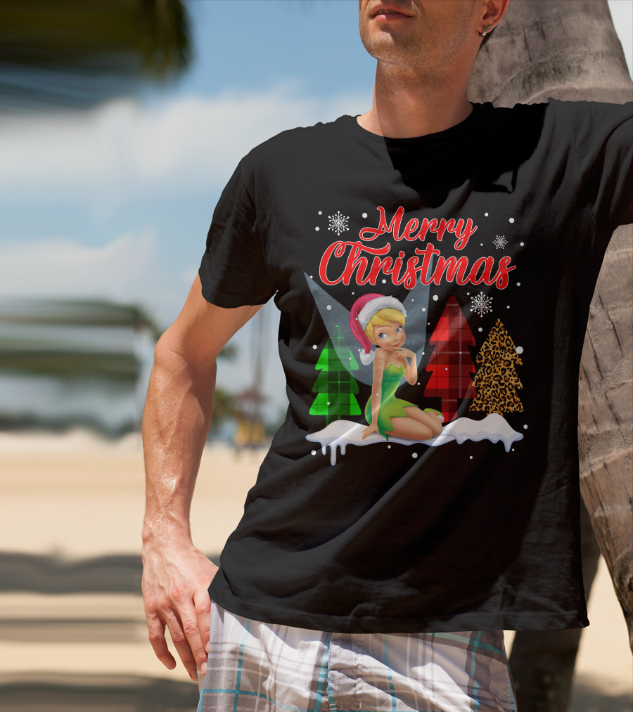 Merry Christmas Tinkerbell Santa Hat Plaid And Leopard Trees Snowflakes T-Shirt