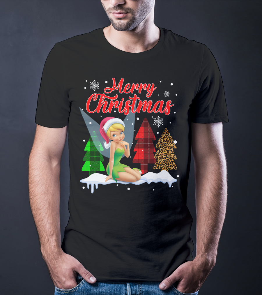 Merry Christmas Tinkerbell Santa Hat Plaid And Leopard Trees Snowflakes T-Shirt