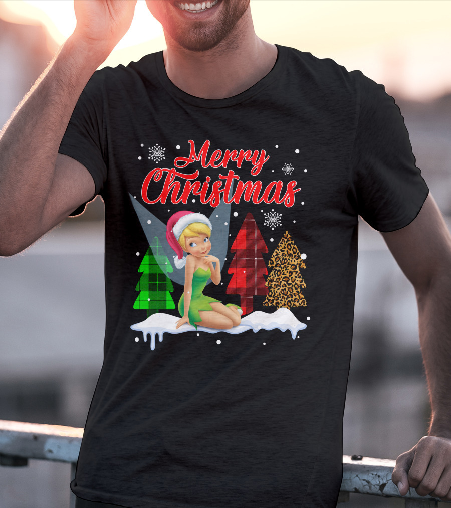 Merry Christmas Tinkerbell Santa Hat Plaid And Leopard Trees Snowflakes T-Shirt