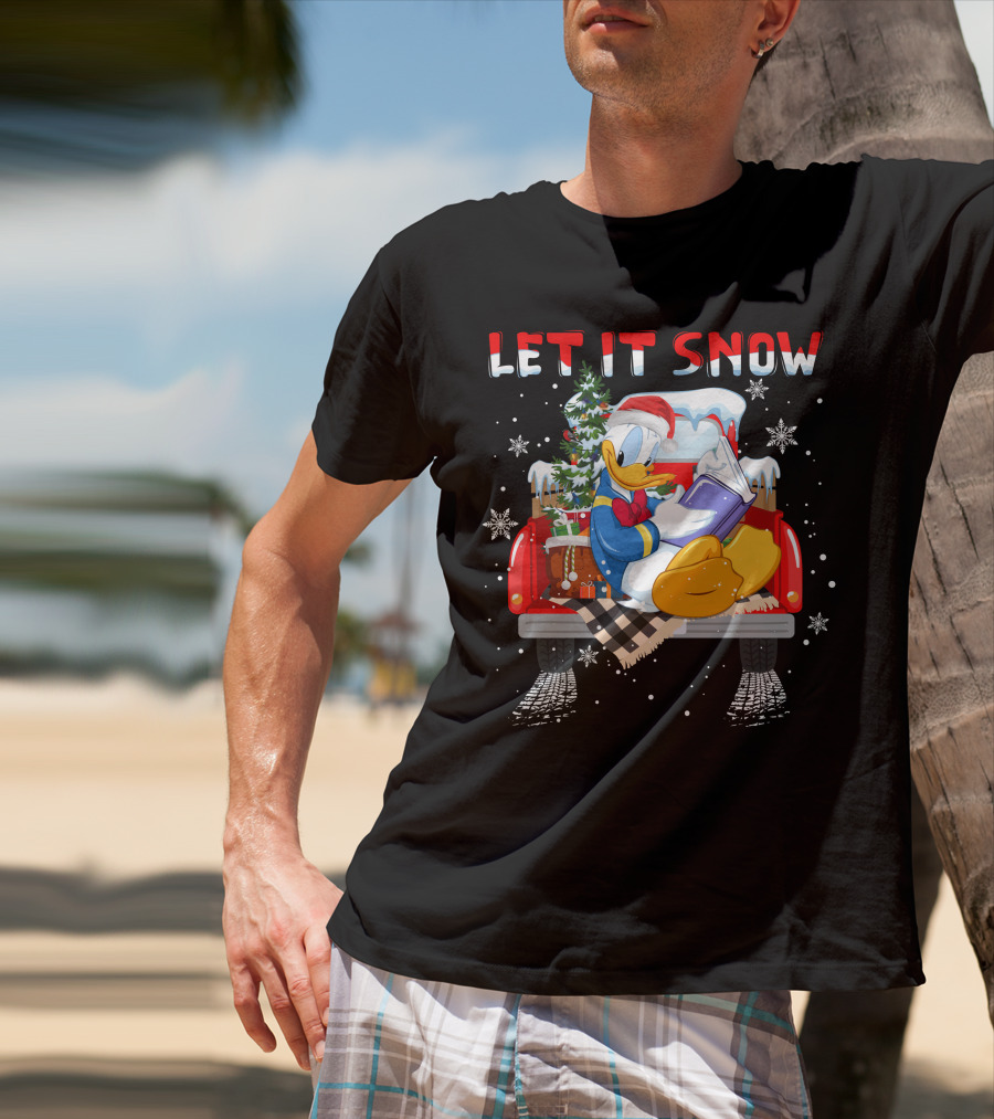 Let It Snow Donald Santa Hat Reading Winter Snowflakes Christmas Tree Red Truck T-Shirt