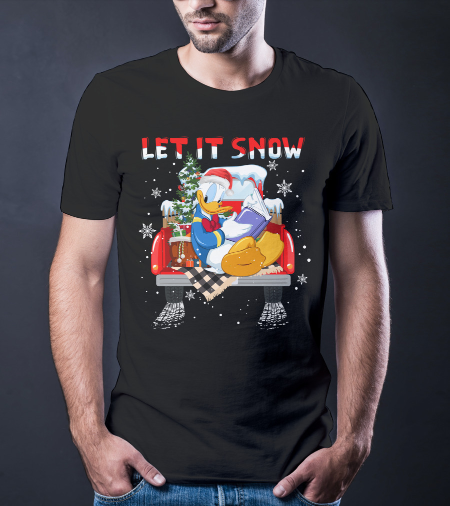 Let It Snow Donald Santa Hat Reading Winter Snowflakes Christmas Tree Red Truck T-Shirt