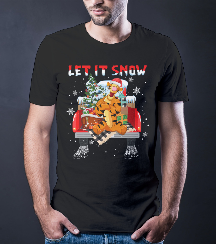 Tigger Let It Snow Christmas Tree And Presents In Snowy Red Truck T-Shirt