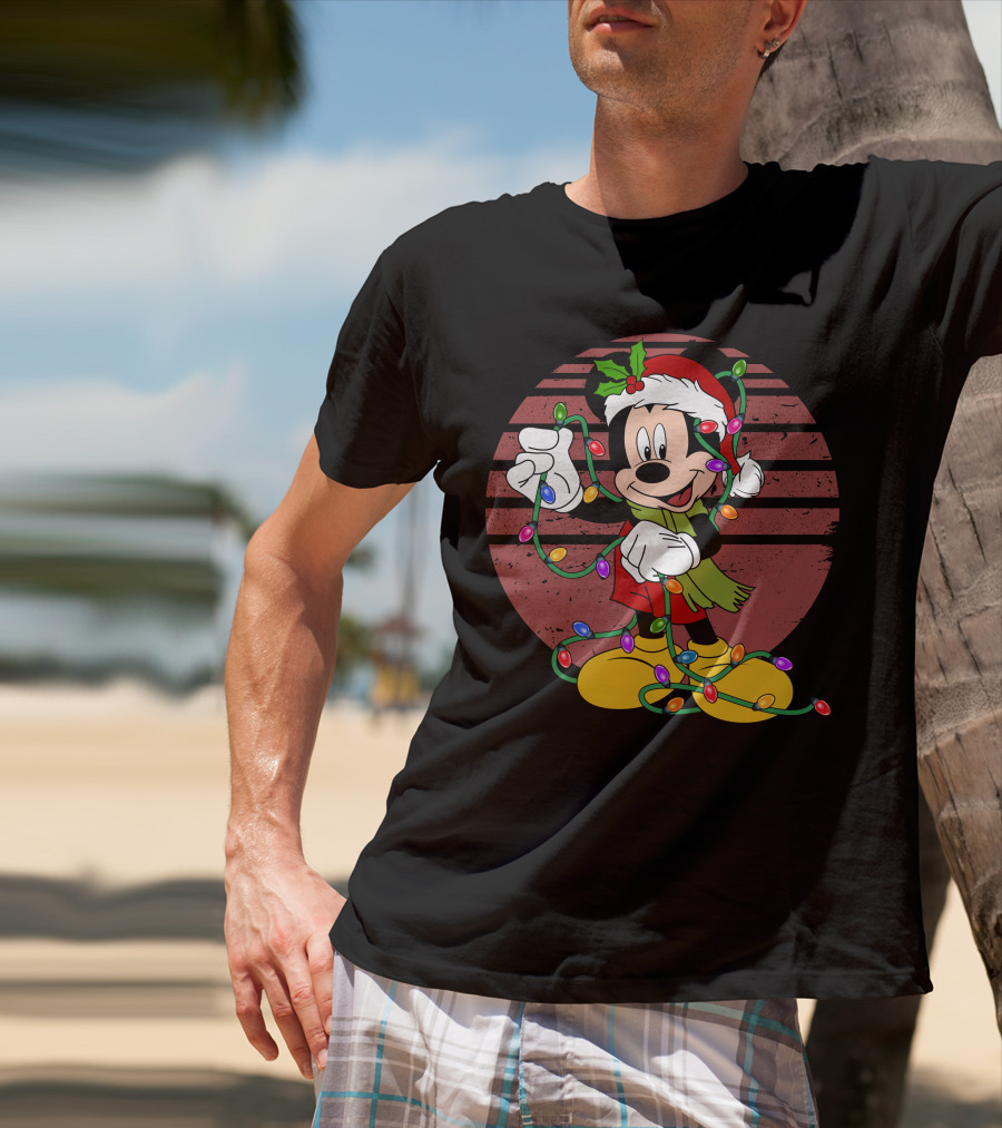 Mickey Mouse Christmas Lights Santa Hat Holiday T-Shirt