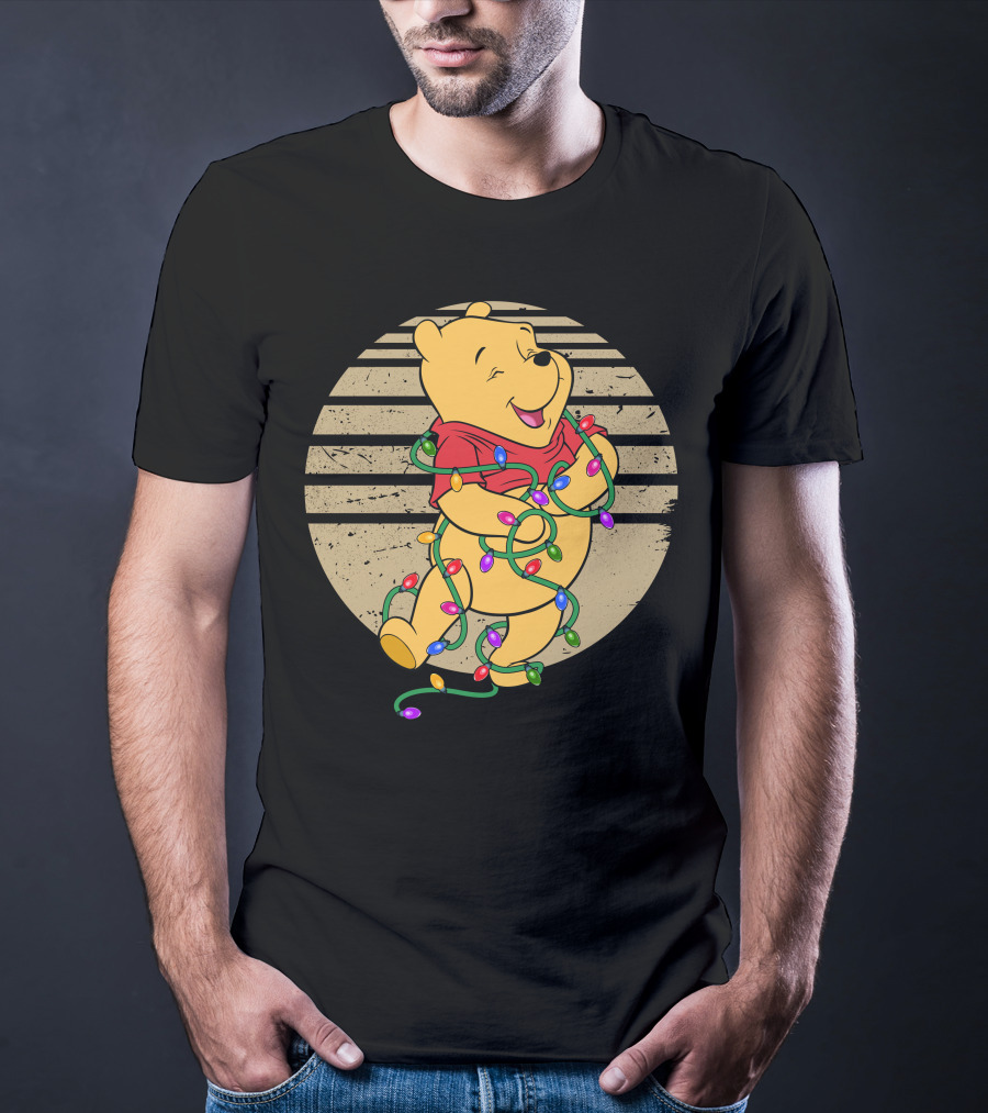 Pooh Wrapped In Christmas Lights And Stripes T-Shirt