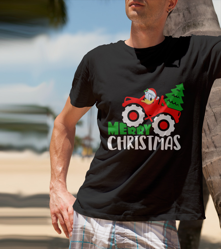 Merry Christmas Donald Duck Monster Truck Santa Hat Holiday Tree T-Shirt