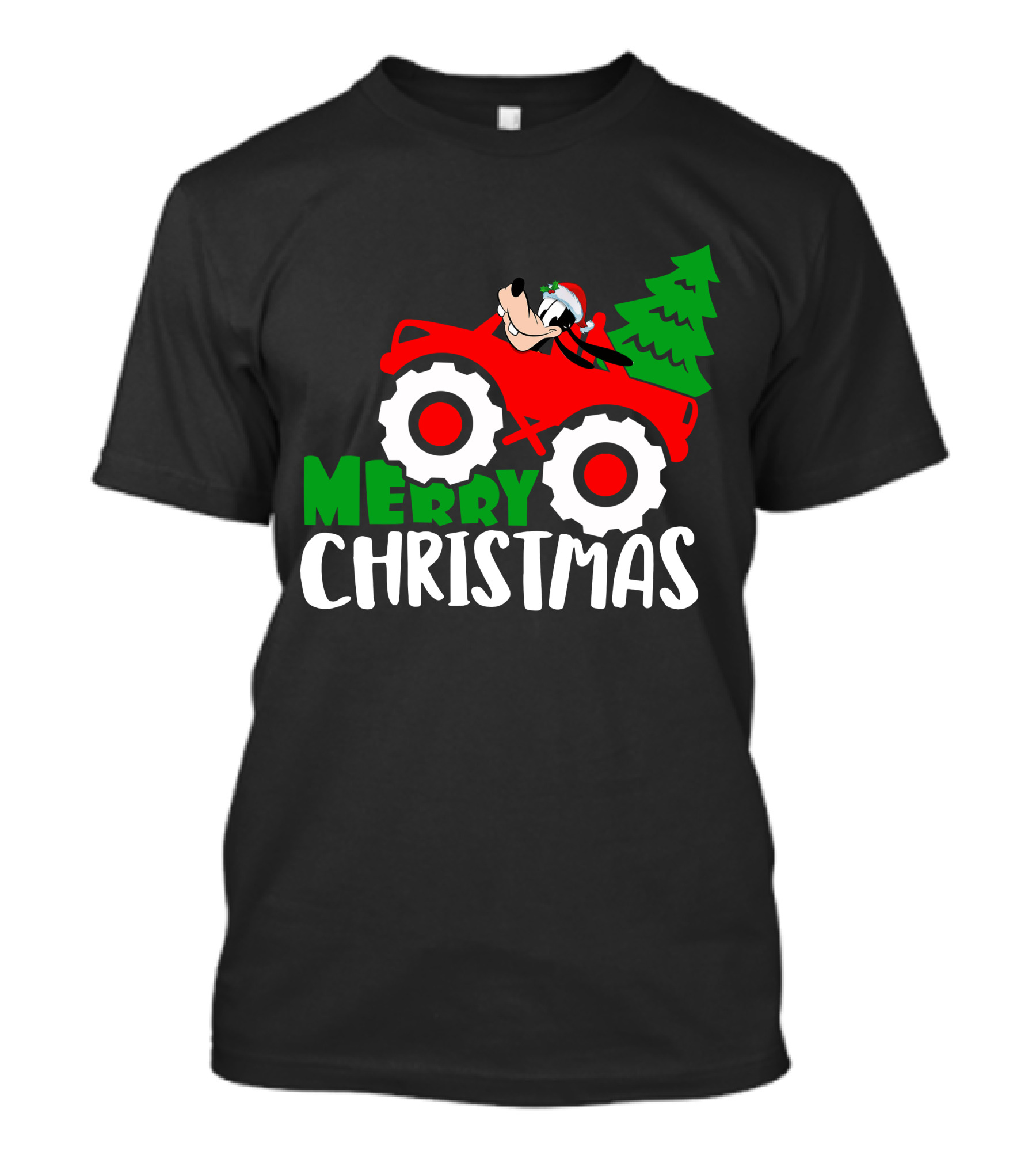 Merry Christmas Goofy In Santa Hat On Red Tractor With Christmas Tree T-Shirt