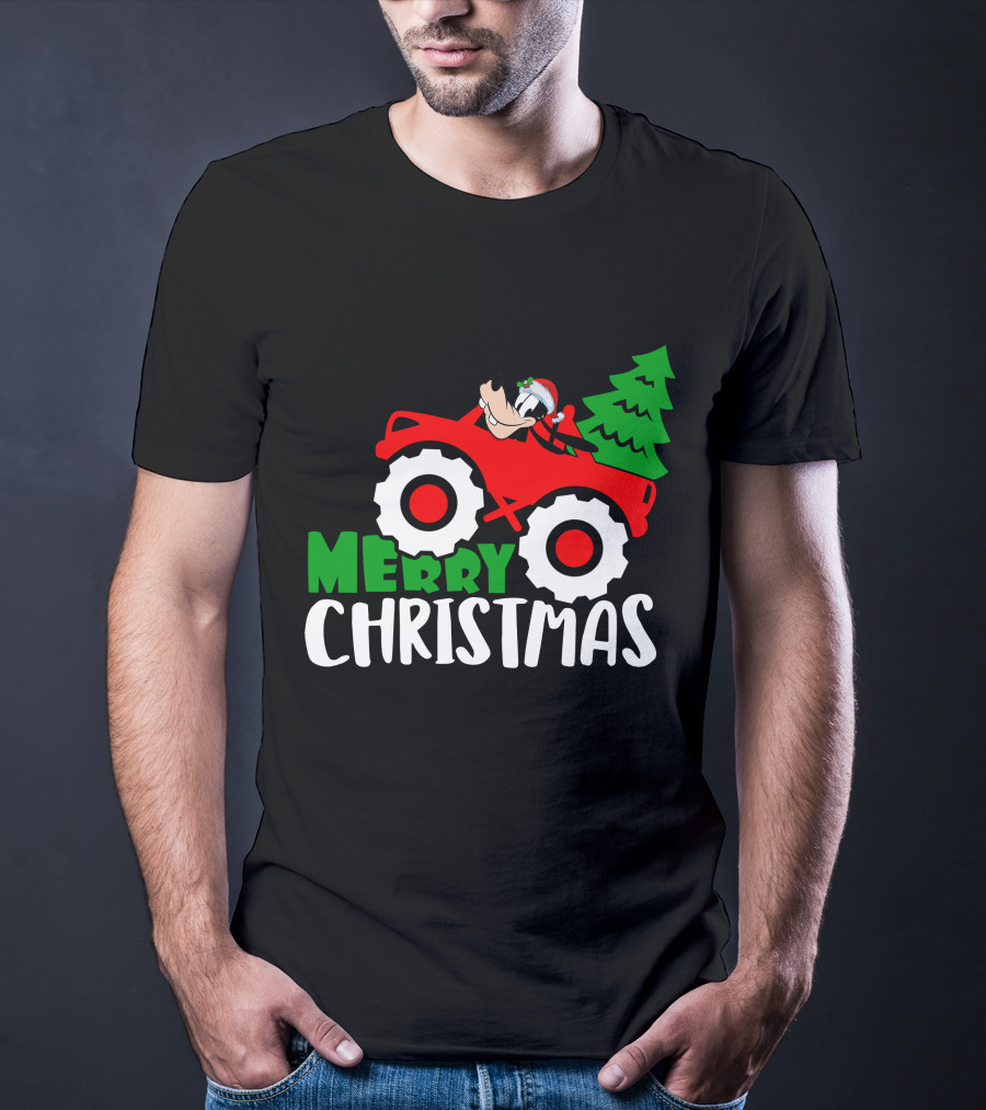 Merry Christmas Goofy In Santa Hat On Red Tractor With Christmas Tree T-Shirt
