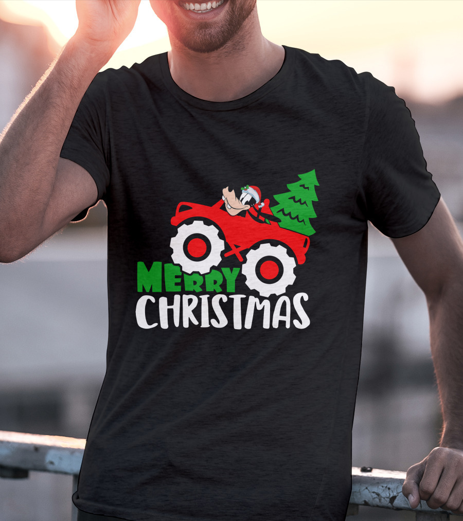 Merry Christmas Goofy In Santa Hat On Red Tractor With Christmas Tree T-Shirt