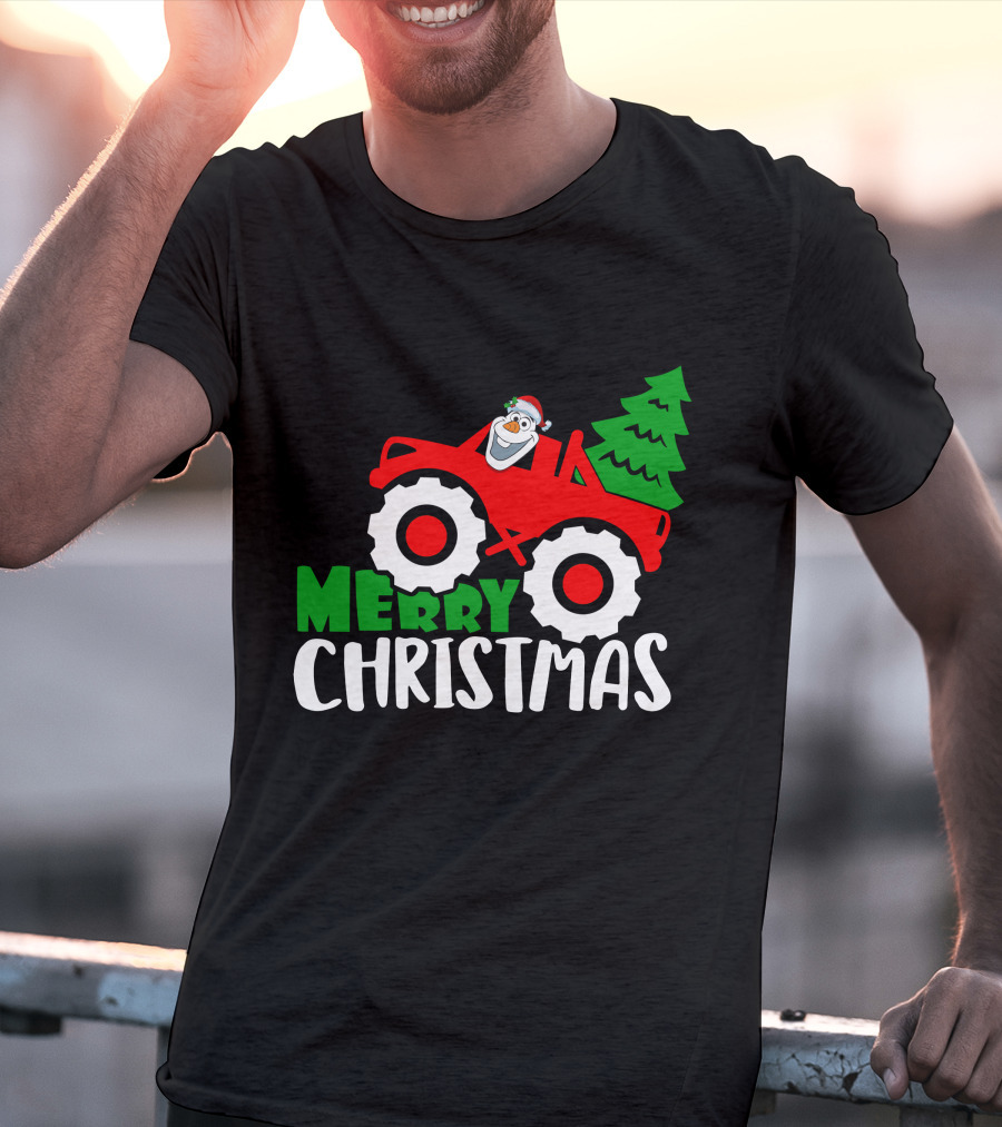 Merry Christmas Olaf Monster Truck With Santa Hat And Christmas Tree T-Shirt