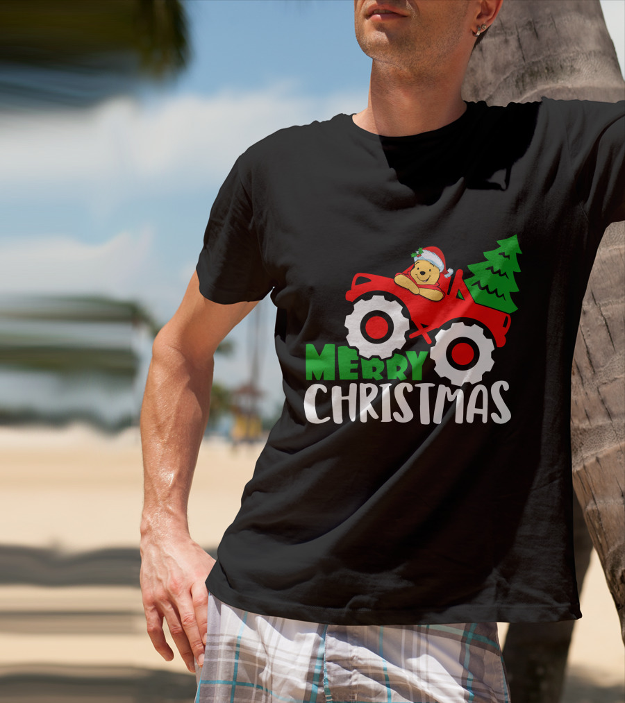 Merry Christmas Pooh Tractor Santa Hat Tree T-Shirt