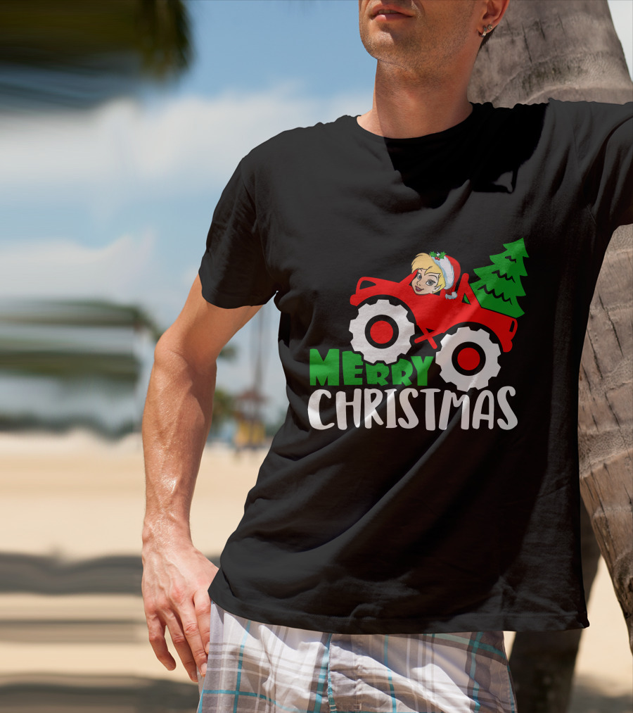 Merry Christmas Tinkerbell In Santa Hat Riding Tractor With Christmas Tree T-Shirt