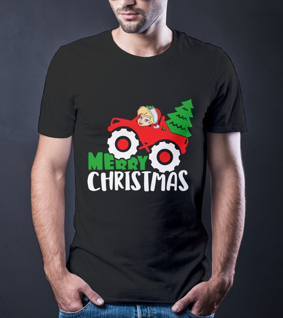 Merry Christmas Tinkerbell In Santa Hat Riding Tractor With Christmas Tree T-Shirt