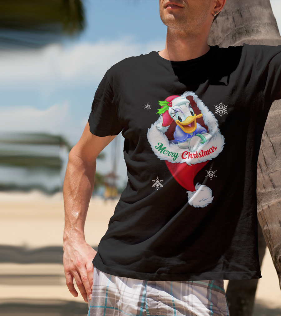 Merry Christmas Daisy Duck Santa Hat Snowflakes T-Shirt